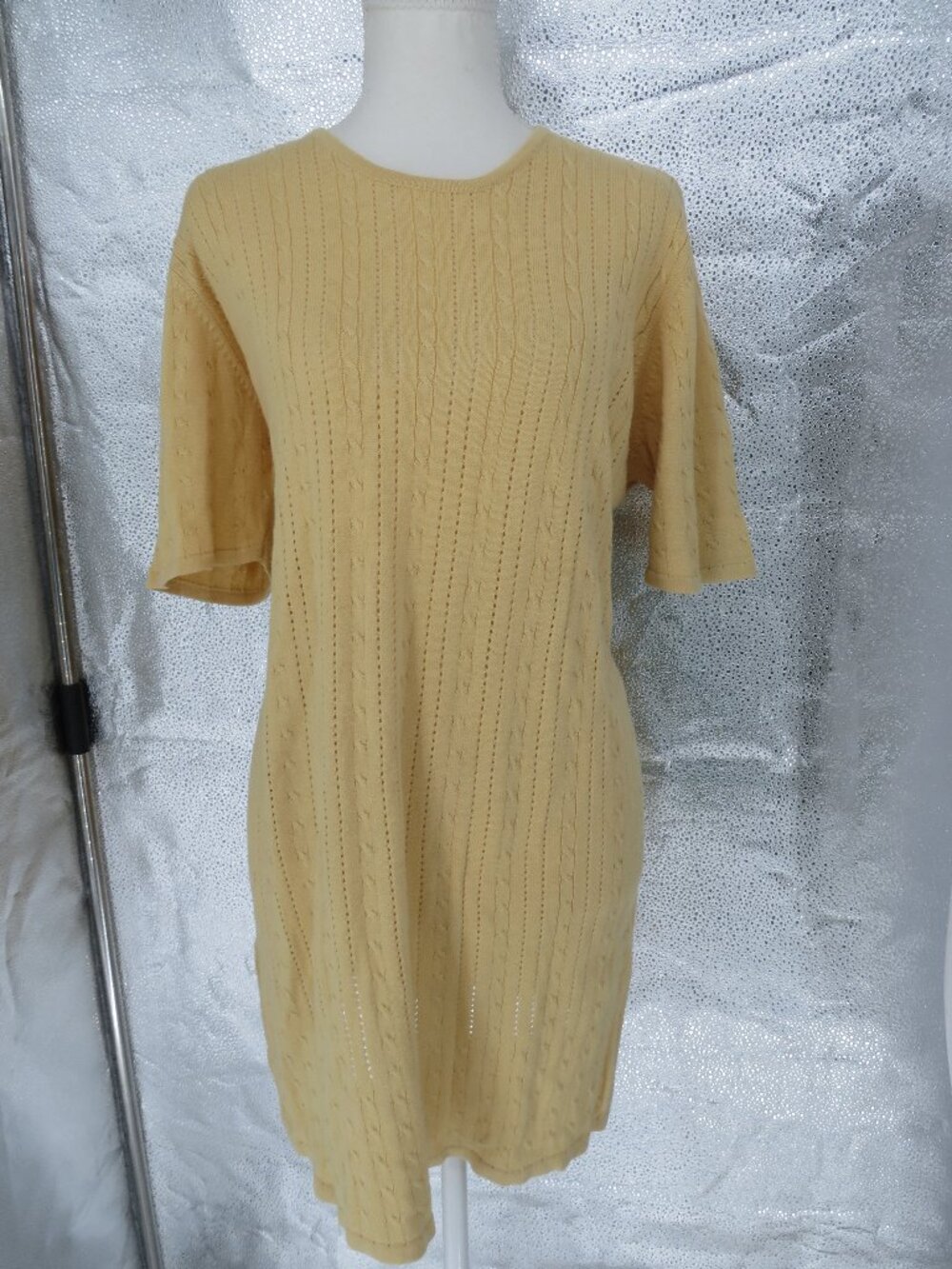 Leslie Fay Yellow Cable Knit Tunic Sweater Dress Short Sleeve Large Knit Vintage